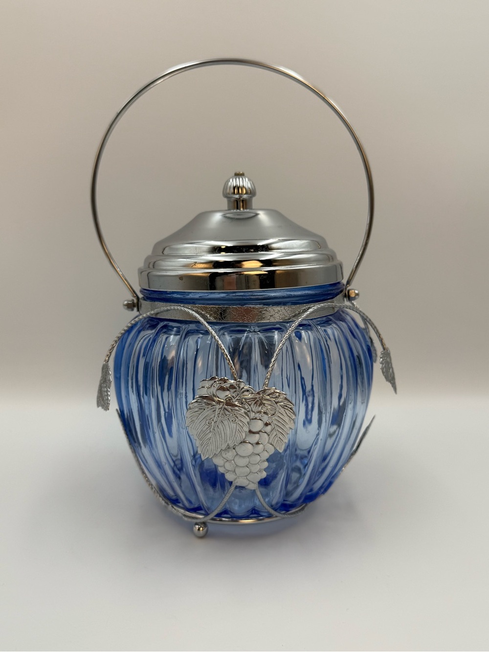 Vintage Ribbed Blue Glass Cookie Jar w/Music Box Lid & Grape Vine Metal Holder